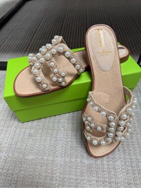 NIB SAM EDELMAN BAY SLIDE SANDAL SAND LINEN AND PEARL FLAT SANDALS SIZE 11 tan